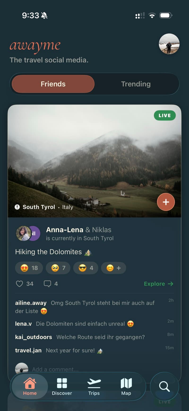 awayme app — live travel feed showing a friend hiking in the Dolomites