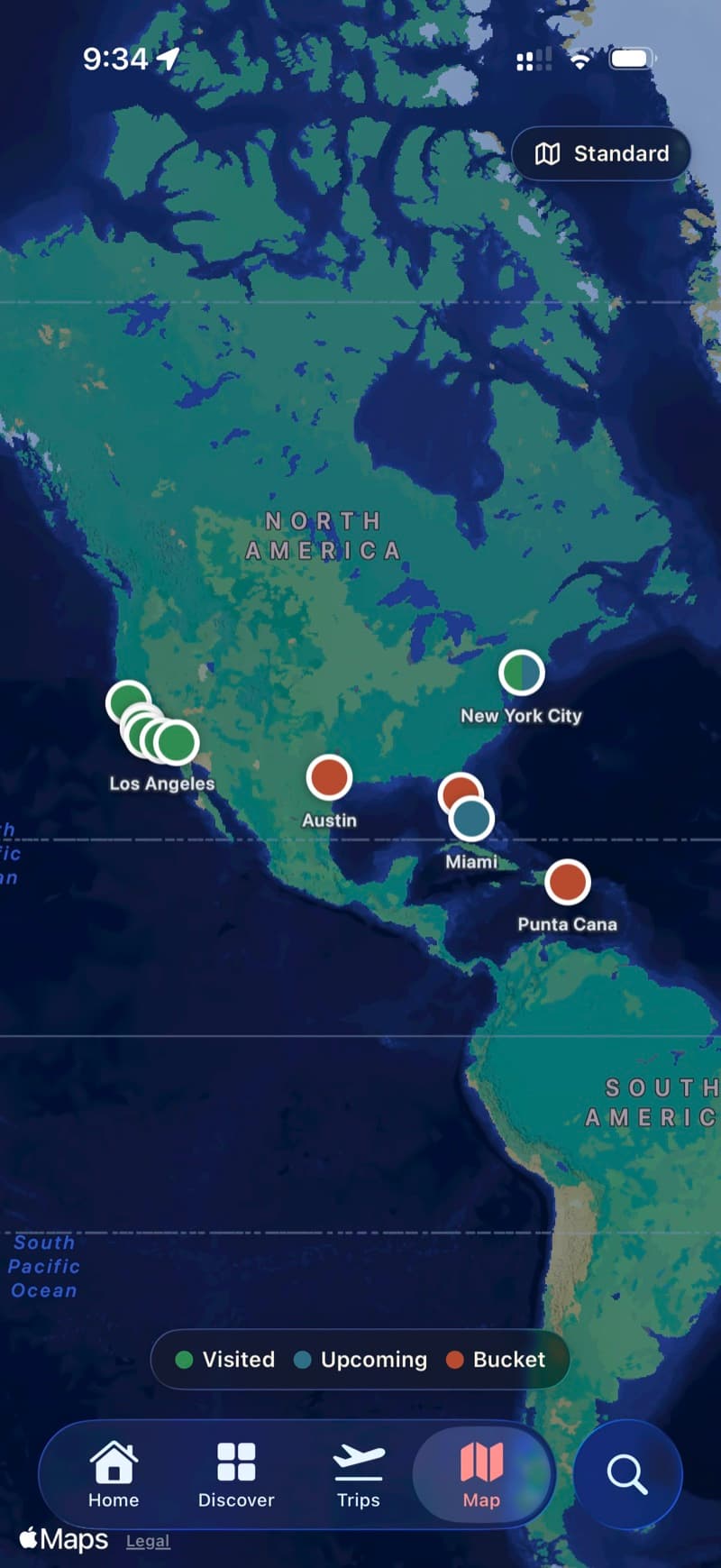 awayme map view — North America with visited pins in green, bucket pins in coral, upcoming in blue