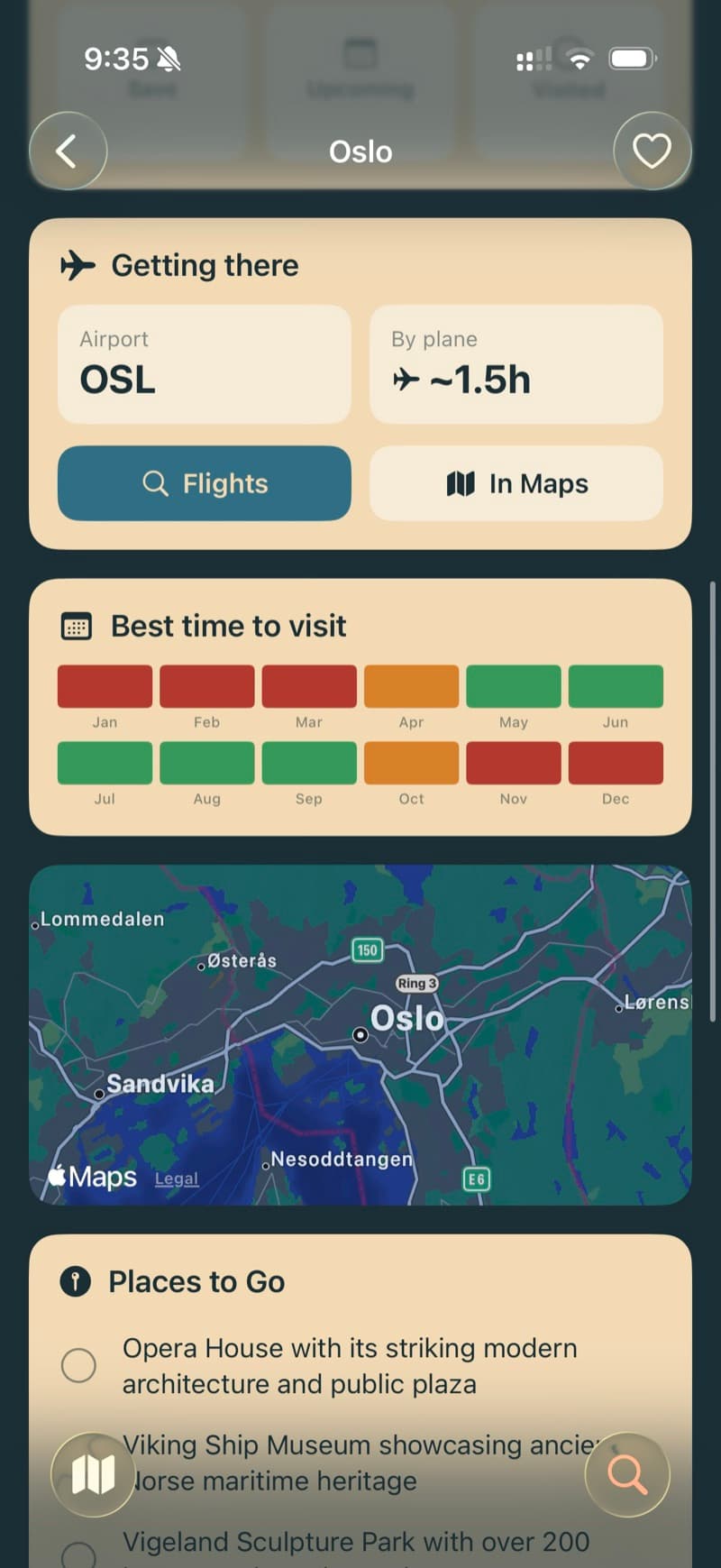 awayme destination detail for Oslo — getting there, best time to visit calendar, and places to go