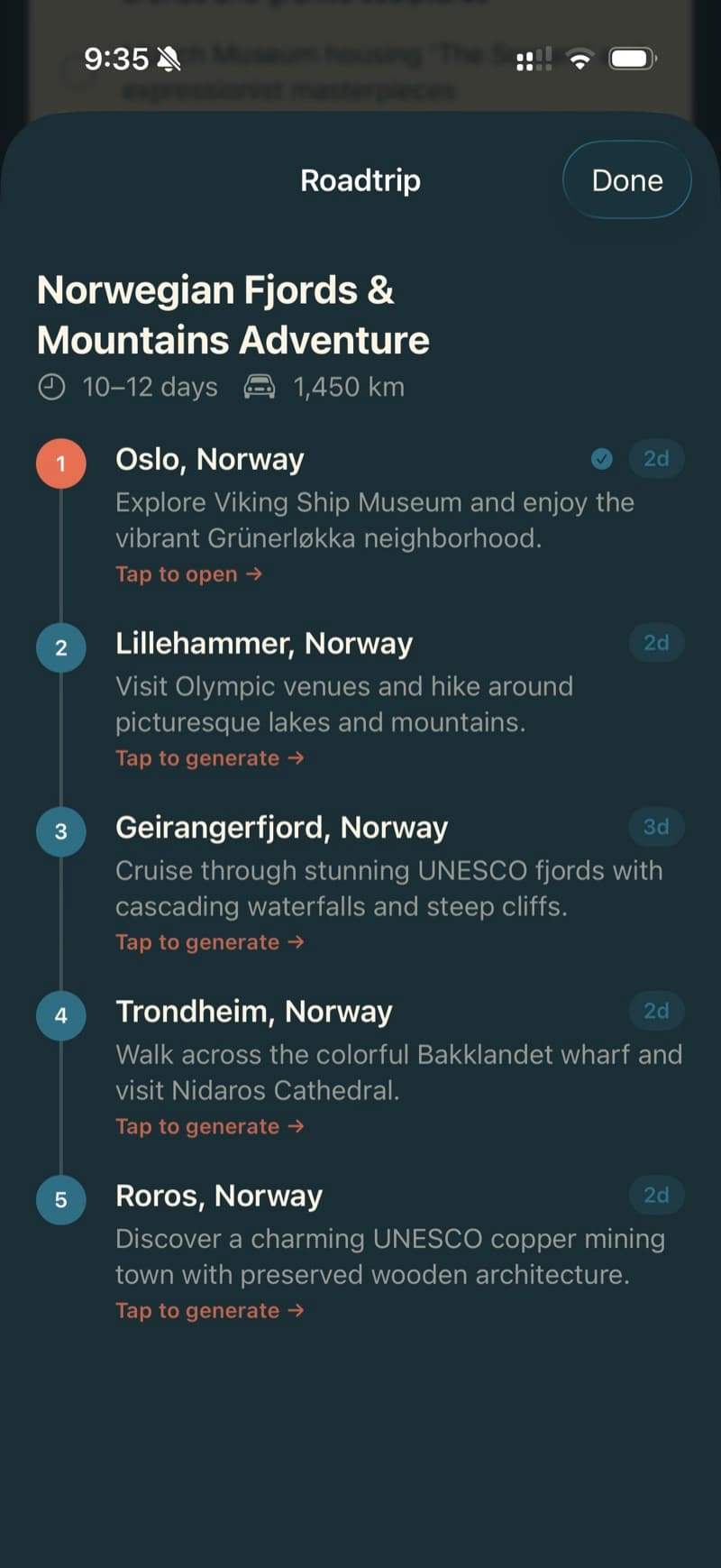 awayme AI roadtrip — Norwegian Fjords & Mountains Adventure, 10–12 days, 1,450 km, 5 numbered stops
